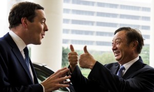 Photo by REX/HAP/Quirky China News (3205531a) Geoerge Osborne talking to Ren Zhengfei, president of Huawei Company George Osborne trade visit to China - 16 Oct 2013