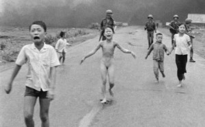 Huynh Cong “Nick” Ut's iconic photo of South Vietnamese forces following behind terrified children, including nine-year-old Kim Phuc, centre, as they run down Route 1 near Trang Bang after an aerial napalm attack. Photo: AP